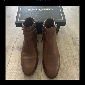 Karl Lagerfeld Paris Leather Boots. Above ankle style Minna Med. Brown Leather